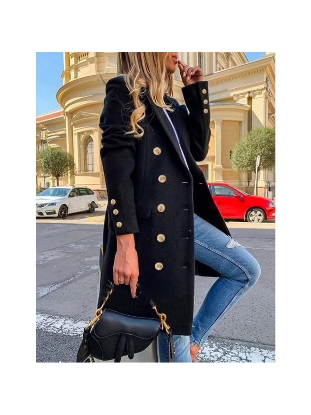 Womens Black Fall Winter Wool Coats Double Breasted Midi Peacoat Trench Coats